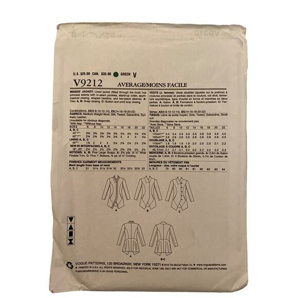 Sewing Pattern Vogue V9212 6-14 Lined Jacket Princess Seam Asymmetrical - Picture 4 of 5